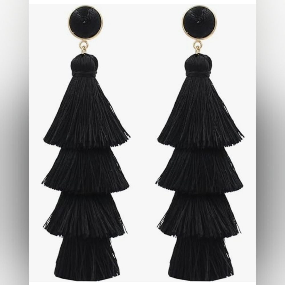 Silky Fringe Tassel Long Drop Dangling Statement Earrings Black Gold 4-Tier NIP